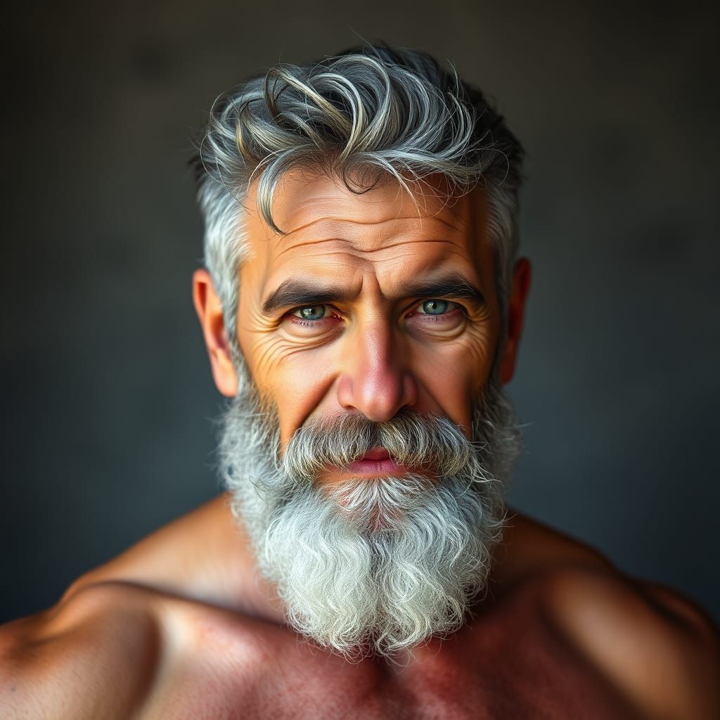 Muscular 50-Year-Old Man with Gray Beard and Hair