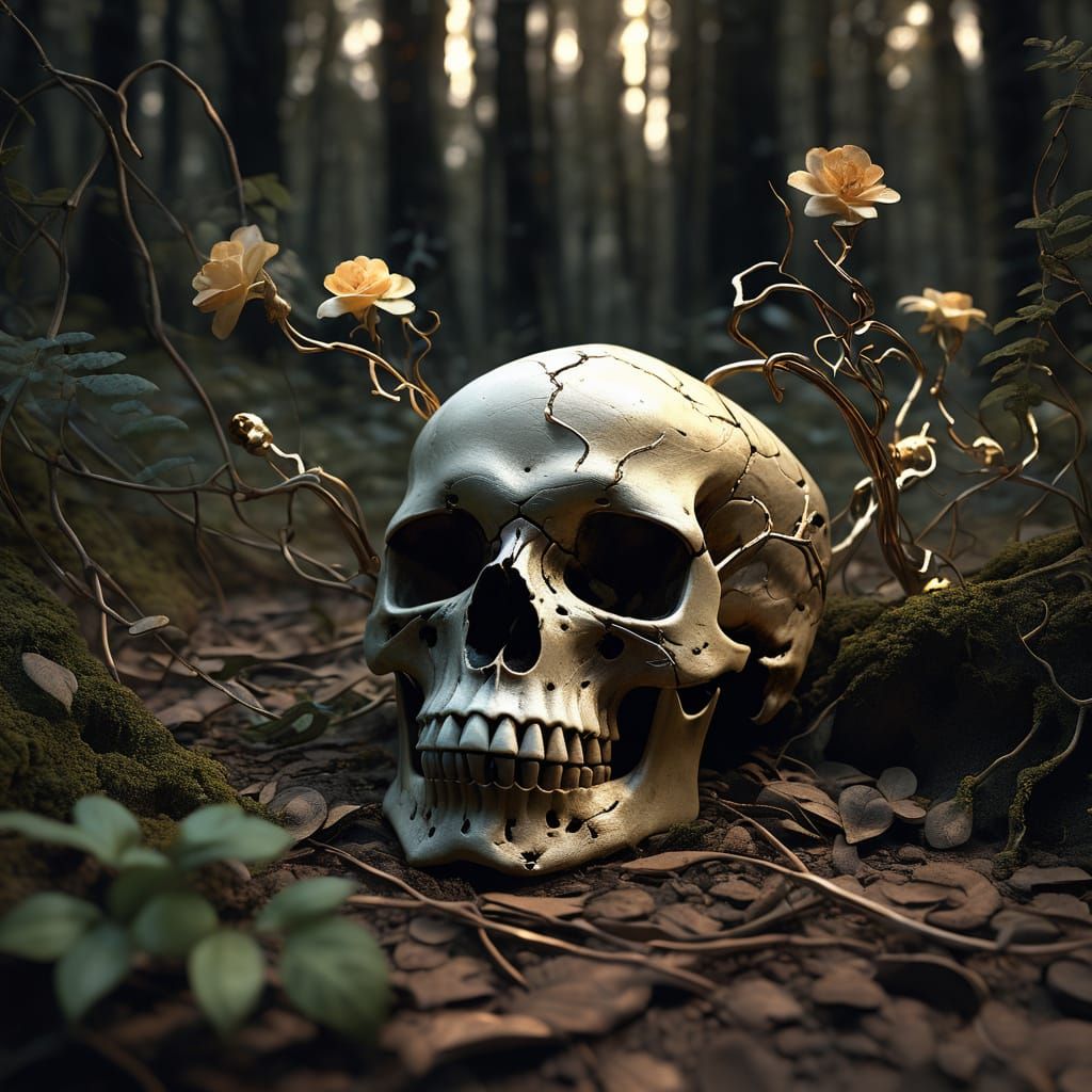 Dark Fantasy Flower Grows from Skull on Forest Floor