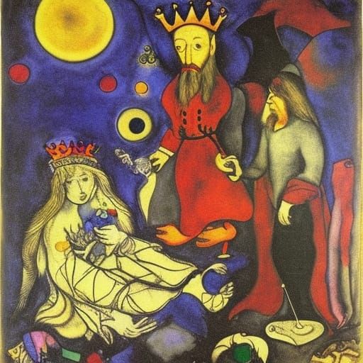 King and Vampire Feast: Etching, Abstract, Surreal