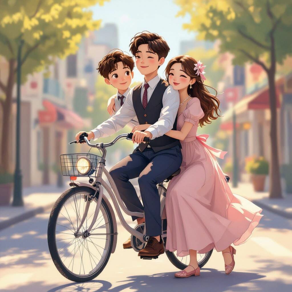 Romantic Couple on Bicycle in Manhwa Style