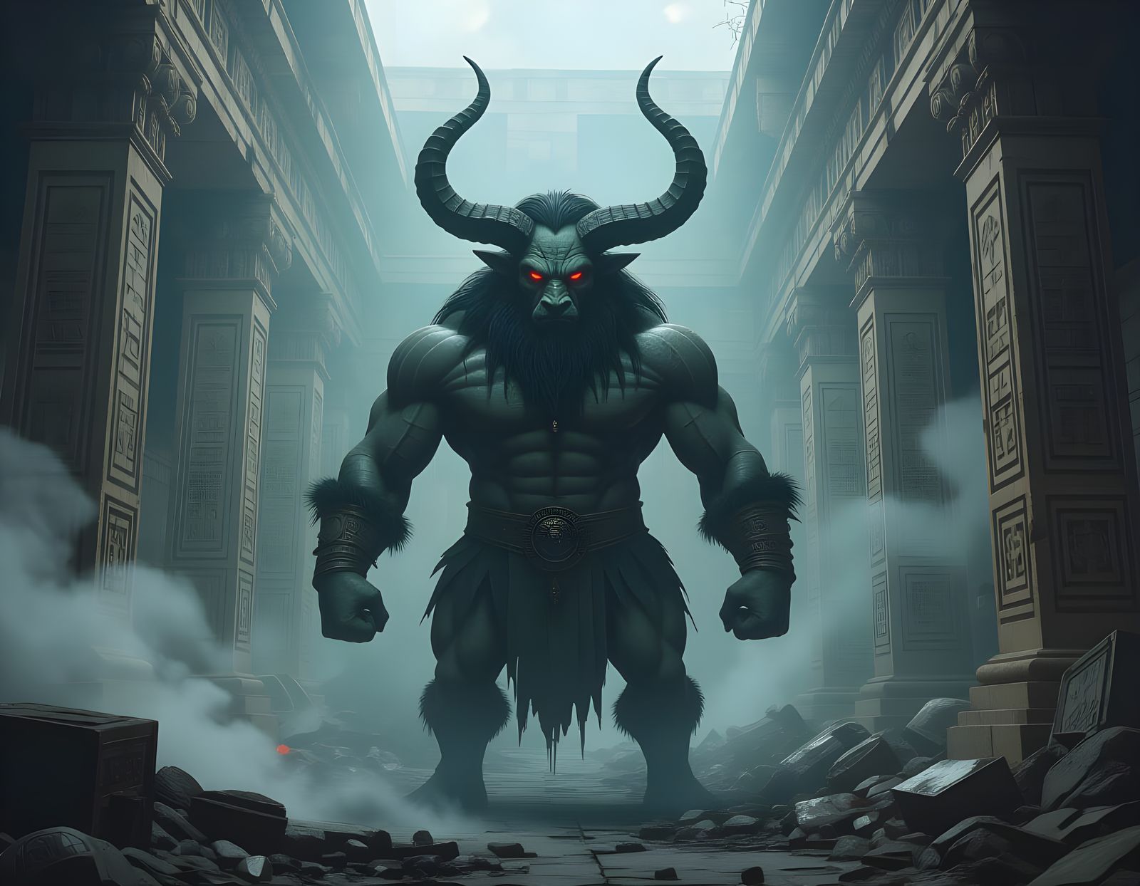 Minotaur in Ancient Temple of Dark Art