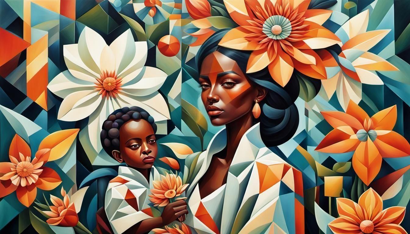 Melanin Woman with Child in Surreal Cubist Art