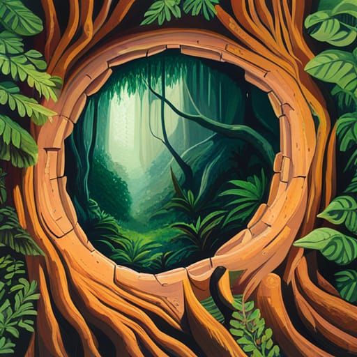 Cozy Tree Trunk Interior Overlooking Rainforest Storm