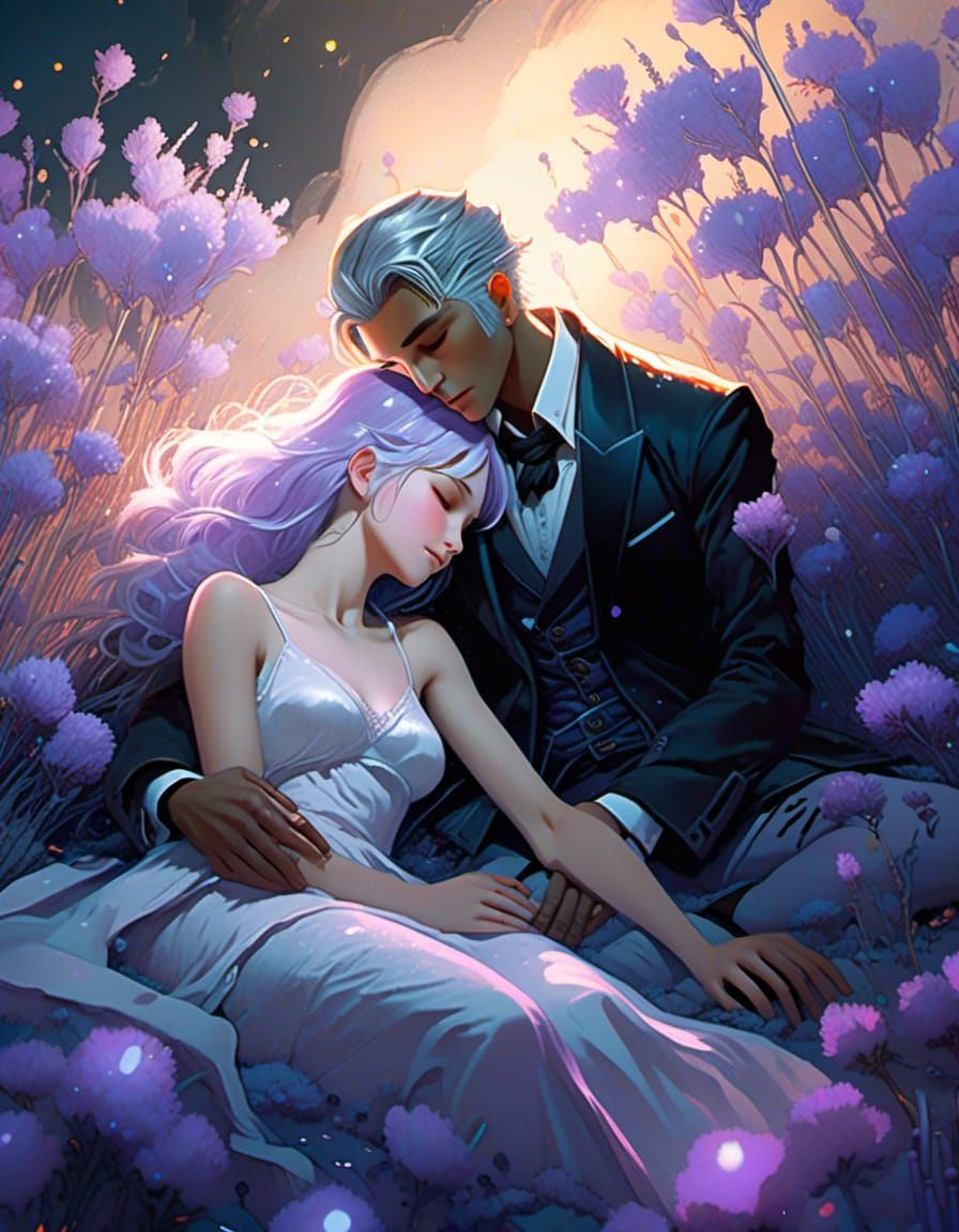 Romantic Couple in Bioluminescent Lavender Field
