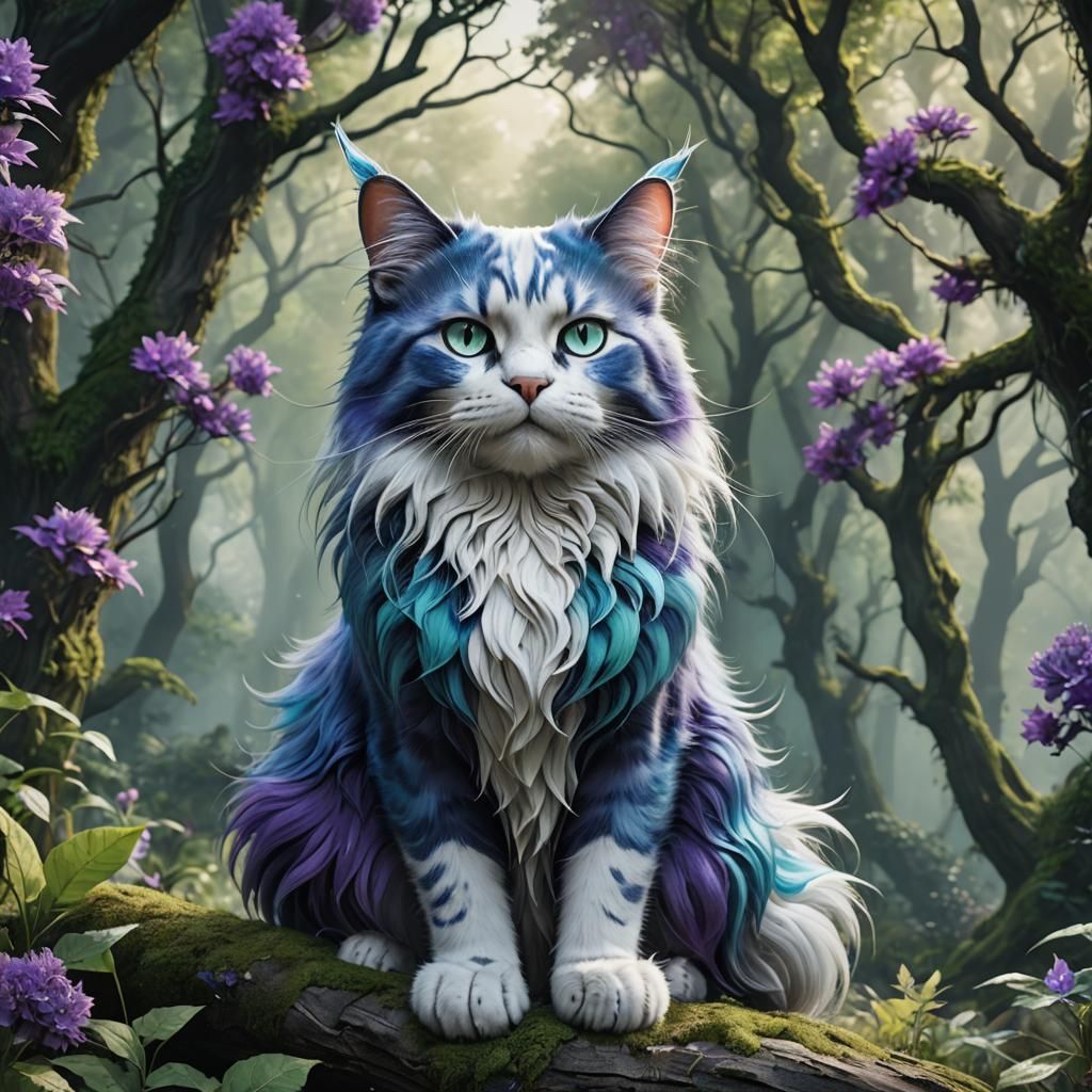 Fantastical Long-Haired Cat in Woodland Setting