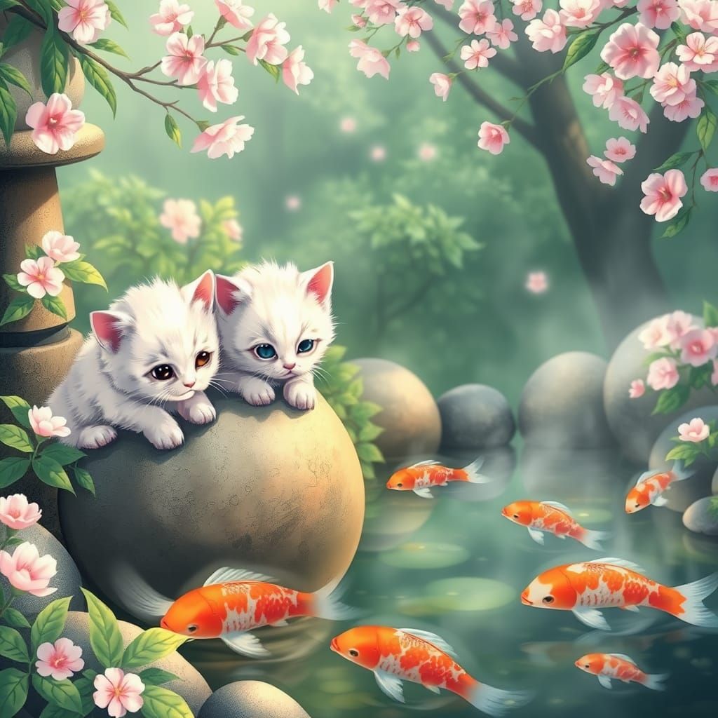 Kittens and Koi in Japanese Anime Garden