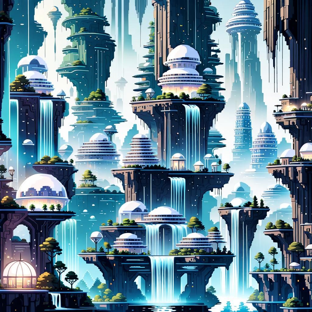 Futuristic Floating City in 8-bit Pixel Art