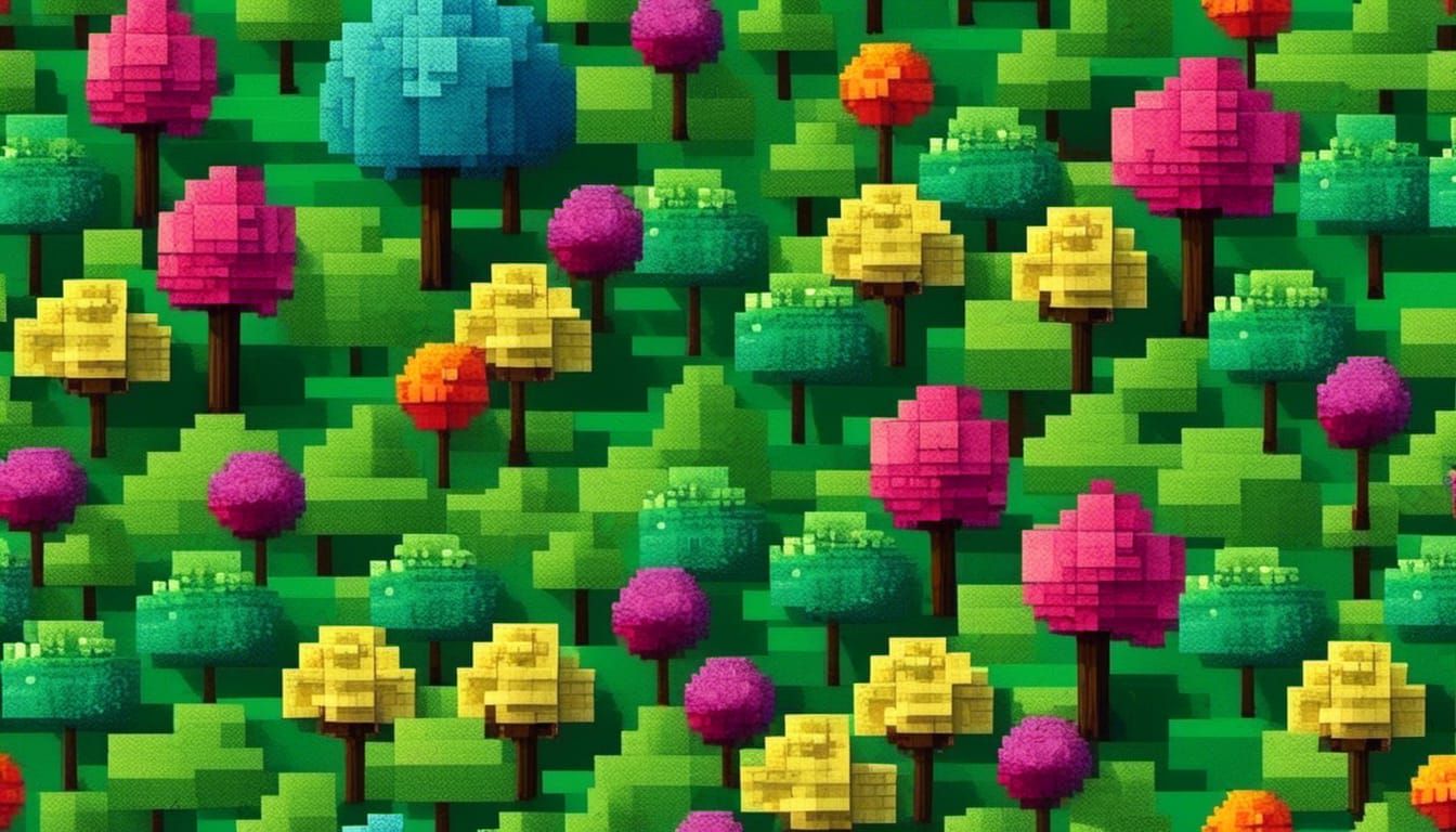 Colorful Minecraft Grass Biome with Flowers and Trees