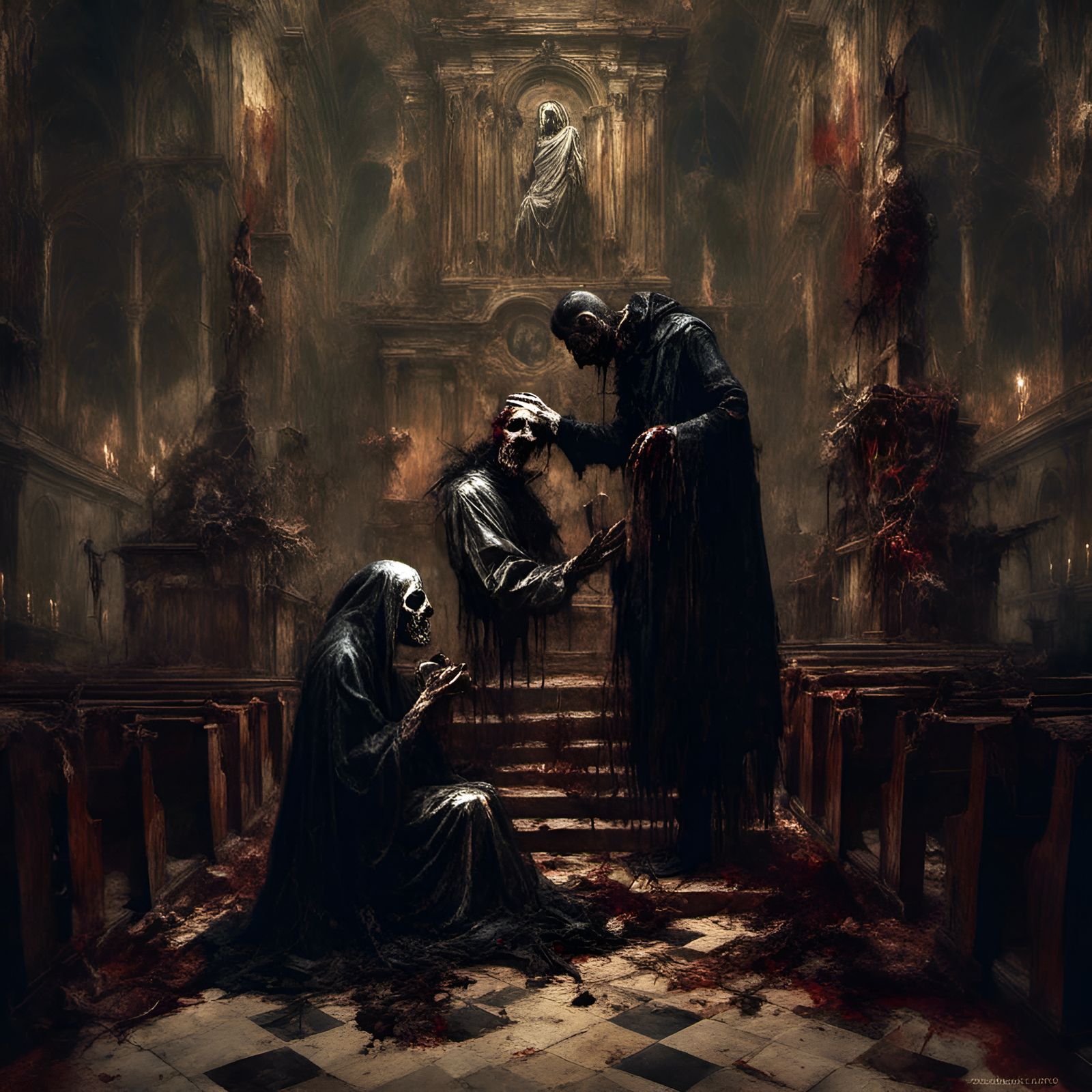 Rotting Zombie Priest Kissing Nun, Macabre Baroque