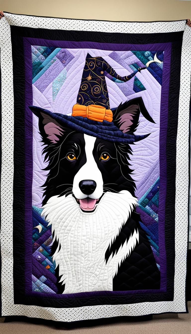 Quilted Border Collie Bedspread with Witch Hat