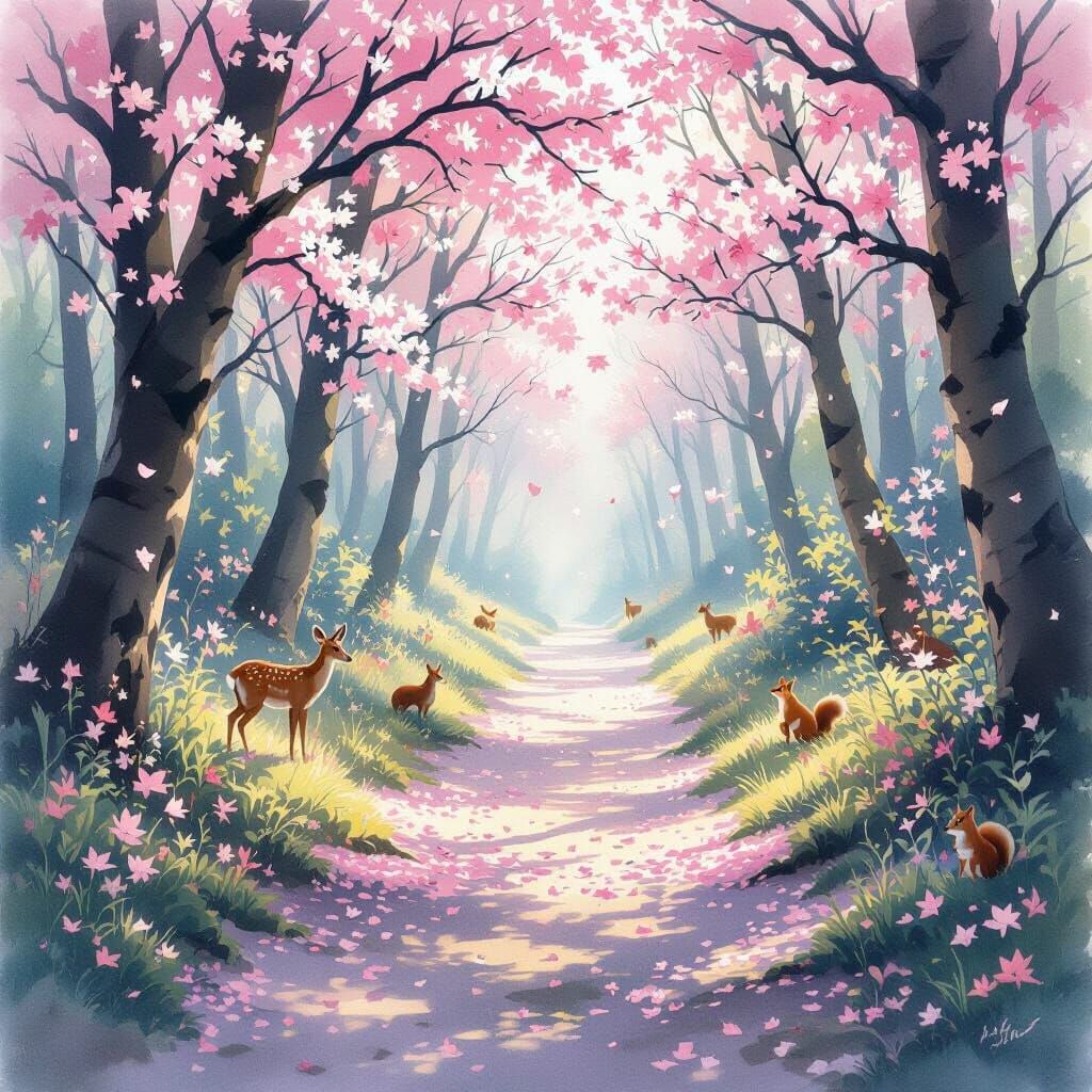 Cherry Blossom Forest Path with Wildlife and Gentle Breezes