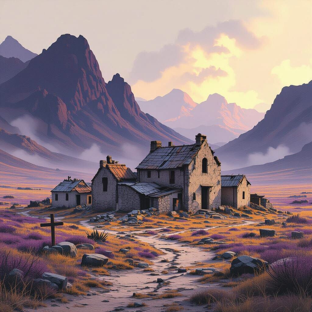 Melancholic Abandoned Town in Purple Plain, Digital Art