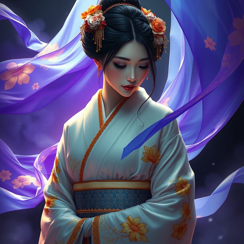 Geisha in White Kimono: Dark Fantasy Concept Art
