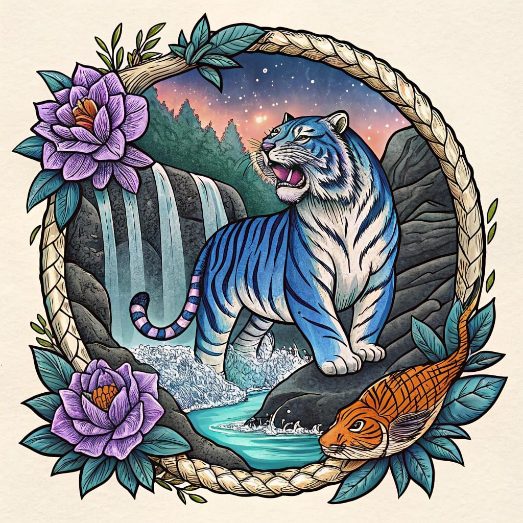 Sailor Jerry Style Tiger Tattoo with Royal Blue and White