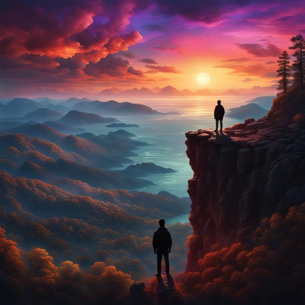 Silhouette on Cliff Gazing at Sunset Landscape