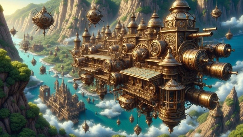 Steampunk Metropolis Orbiting Earth in Gouache Style