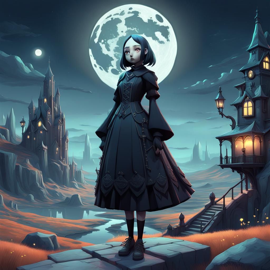 Gothic Girl in Surreal Moonlit Landscape, 3D Render