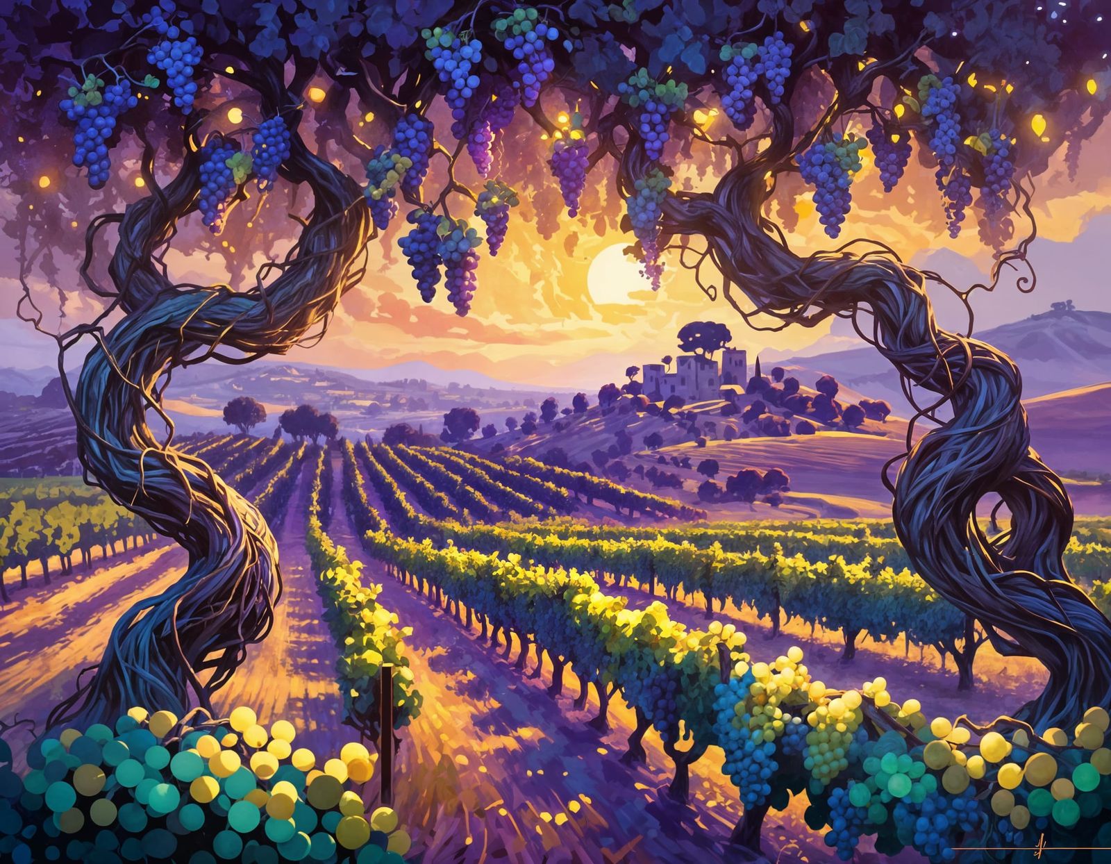Whimsical Vineyard Dreamscape Under Twilight Skies