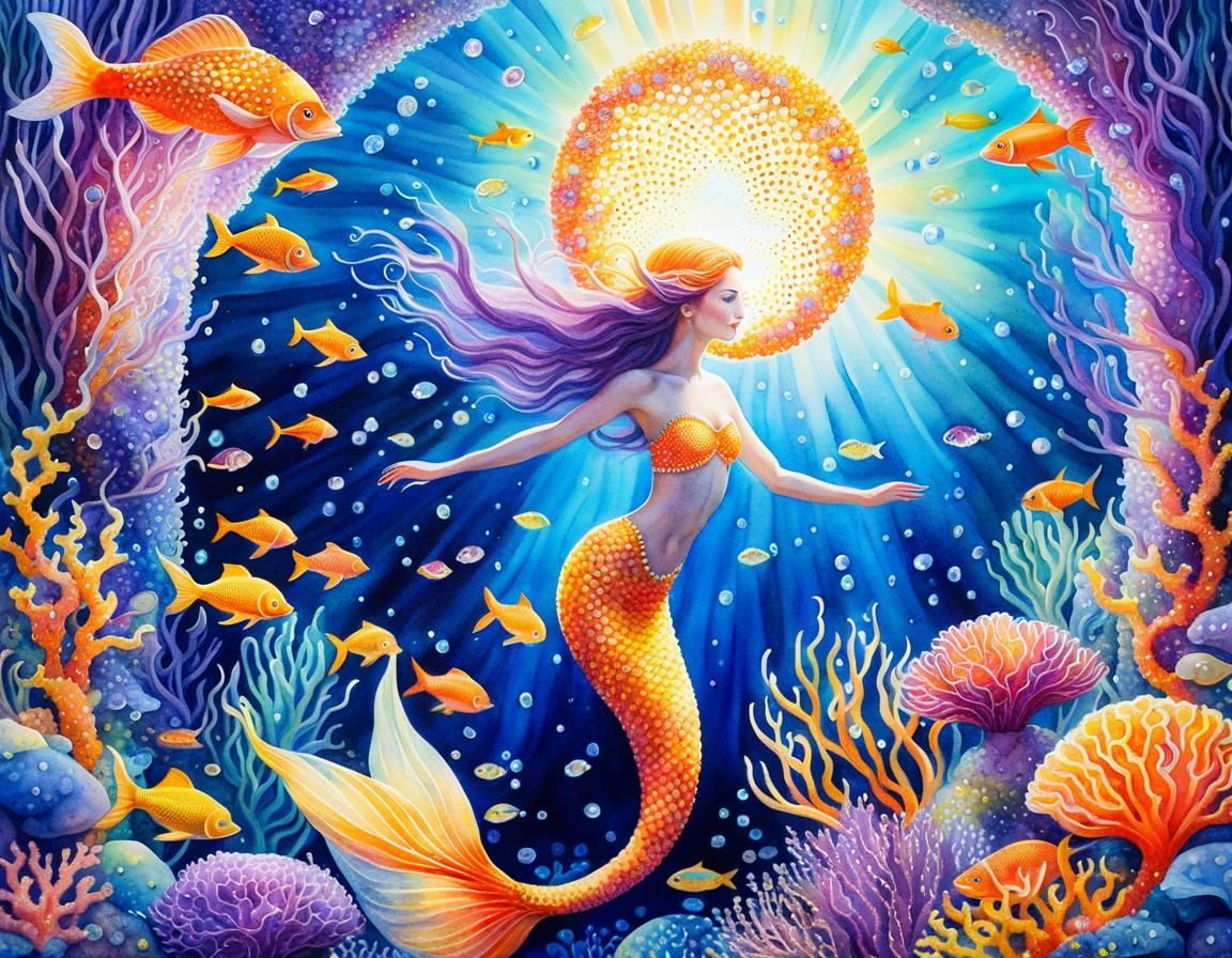 Underwater Portal with Mermaids in Watercolor Pointillism