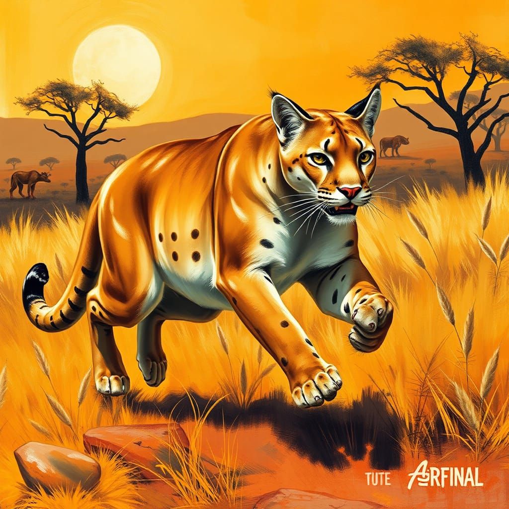 Majestic Puma Striding Across Sun-Drenched Savannah