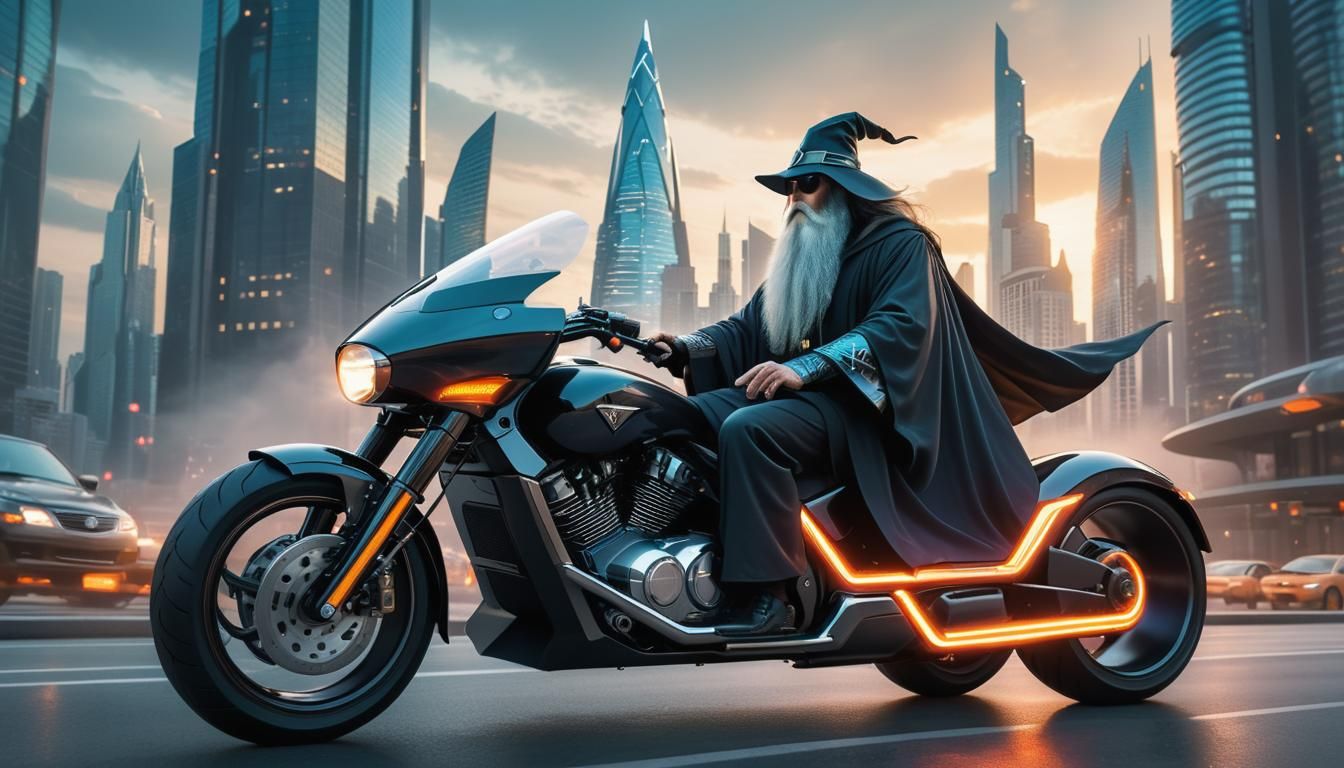 Wizard on Futuristic Motorcycle in Cityscape