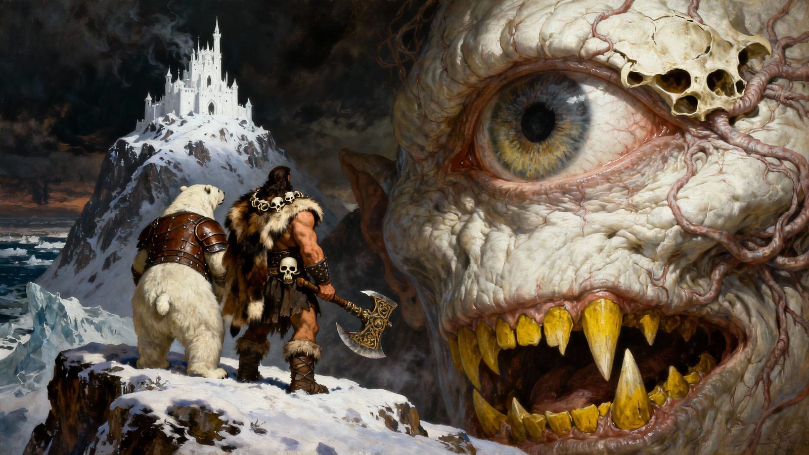 Baroque Painting of Giant Eye, Barbarian, and Polar Bear in ...