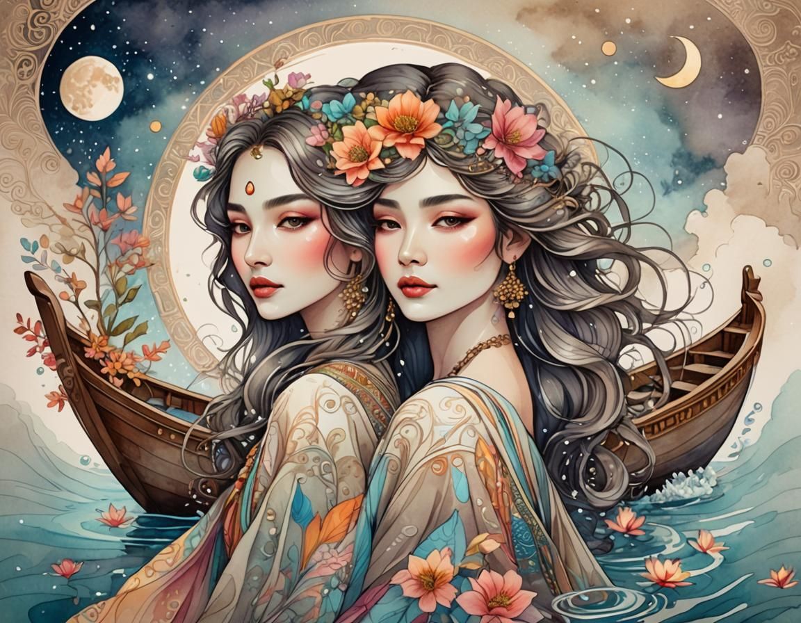 Ethereal Watercolor Goddess on Ornate Boat
