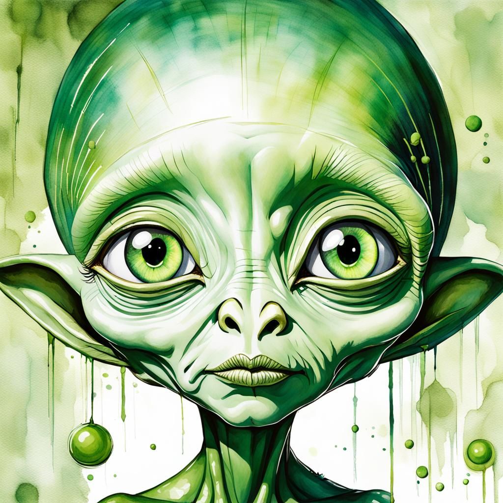 Friendly Green Alien in Watercolor Pop Art Style