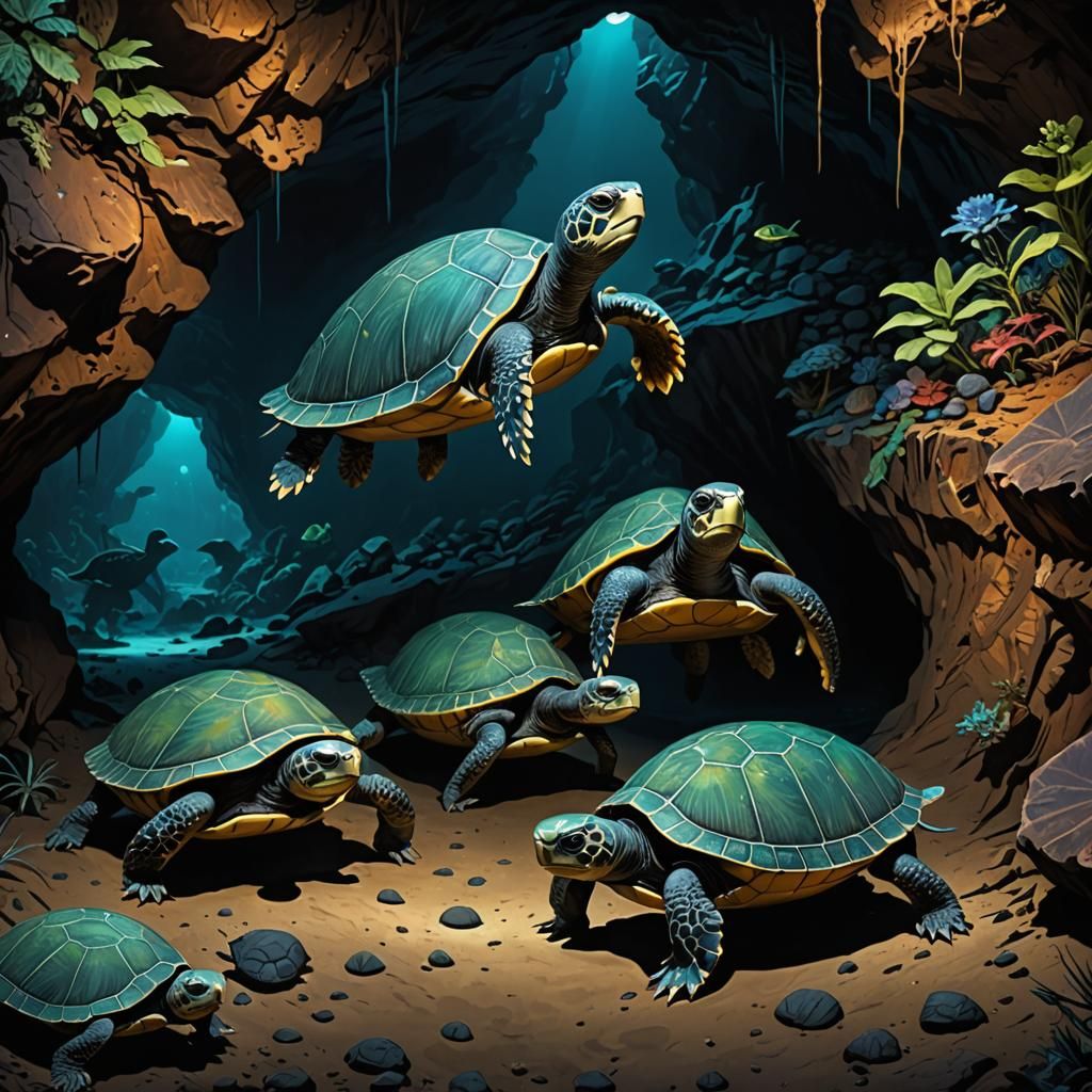 Bioluminescent Cave Turtles in a Dark Cavern