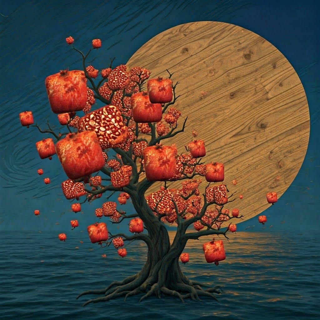 Surreal Woodland Scene with Pomegranates and Wooden Moon