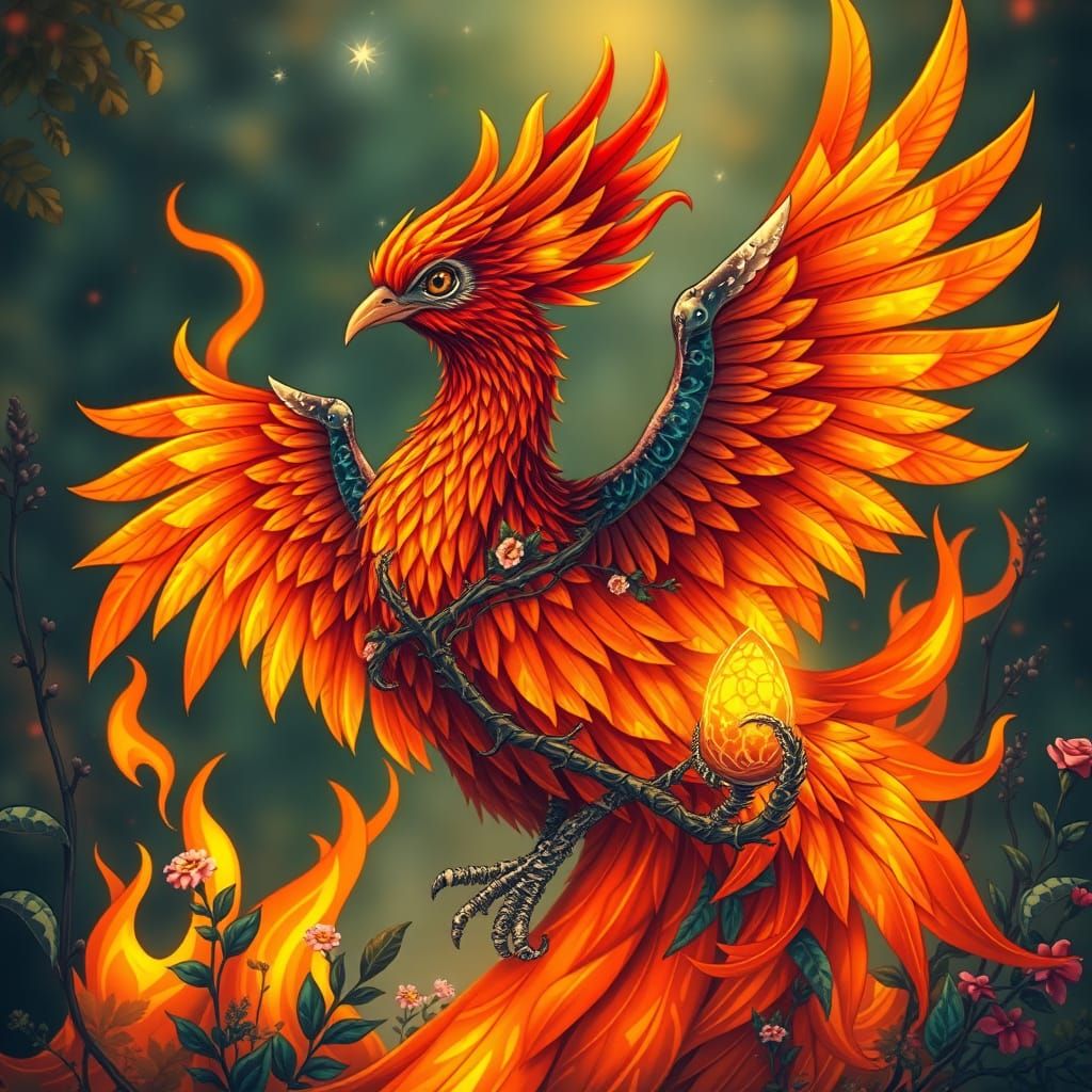 Mighty Phoenix  stands Majestically among blazing foliage, v...