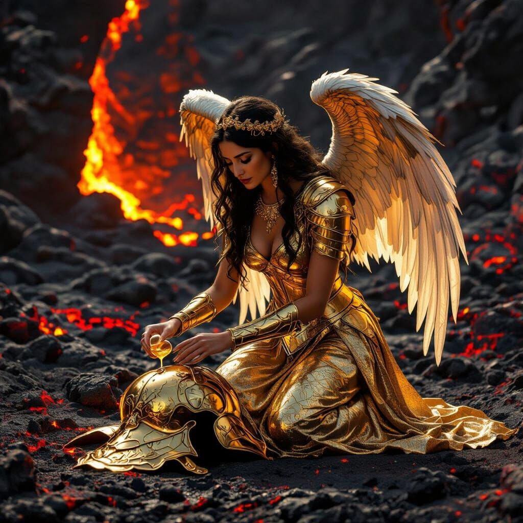 Angel Lady Nefertariel Juricha Prays in Volcanic Maze