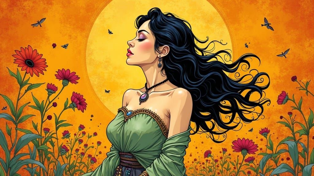 Surreal Art Nouveau Goddess in Vibrant Floral Patterns