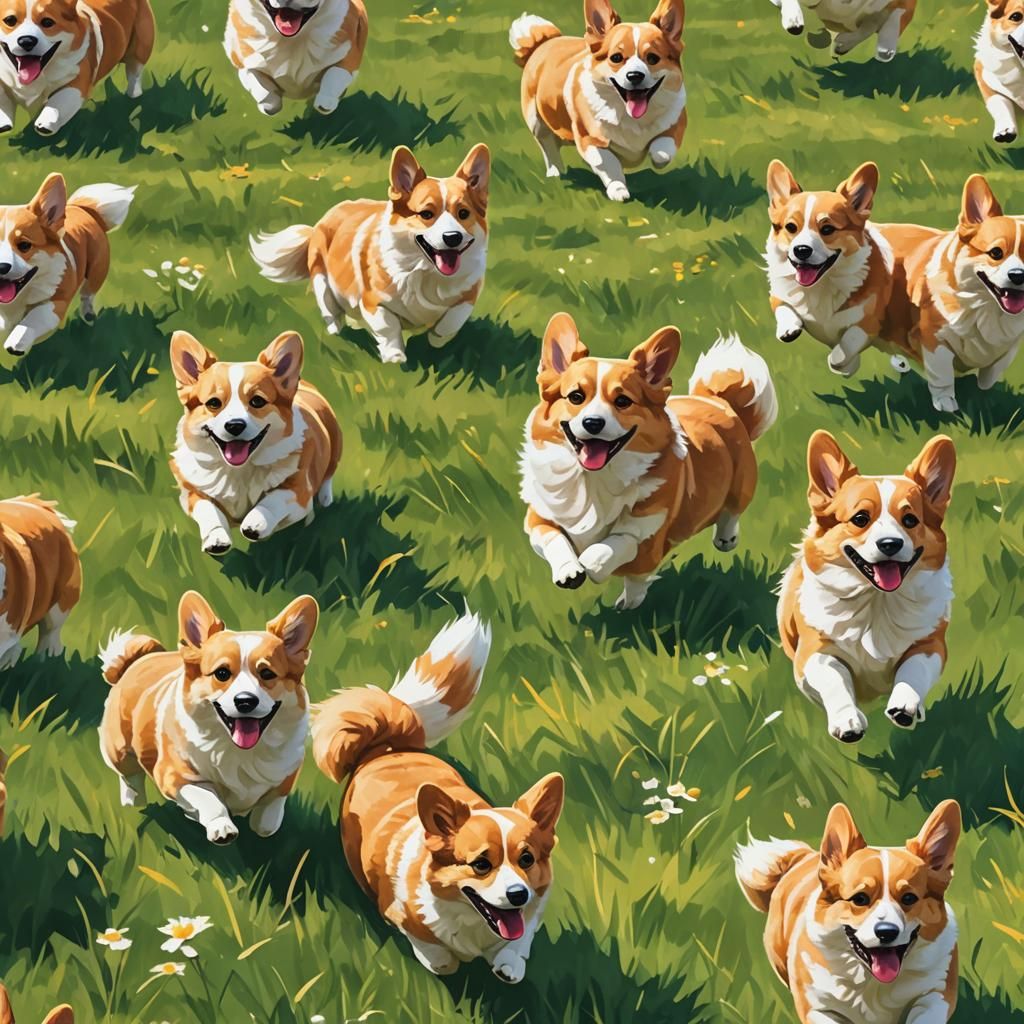 Corgi Stampede in Sunny Meadow: Animated Digital Art