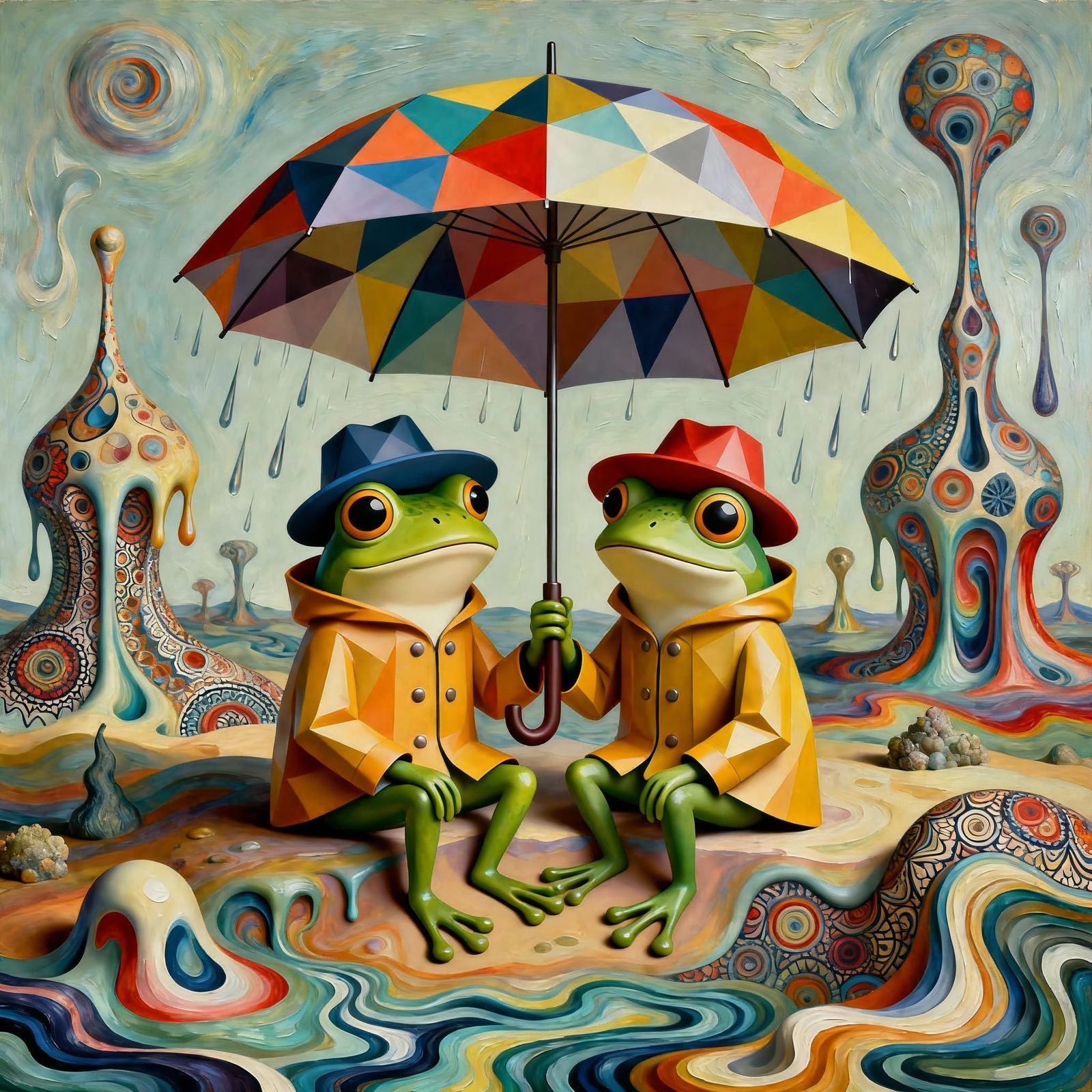 Frogs Under Surreal Geometric Umbrella