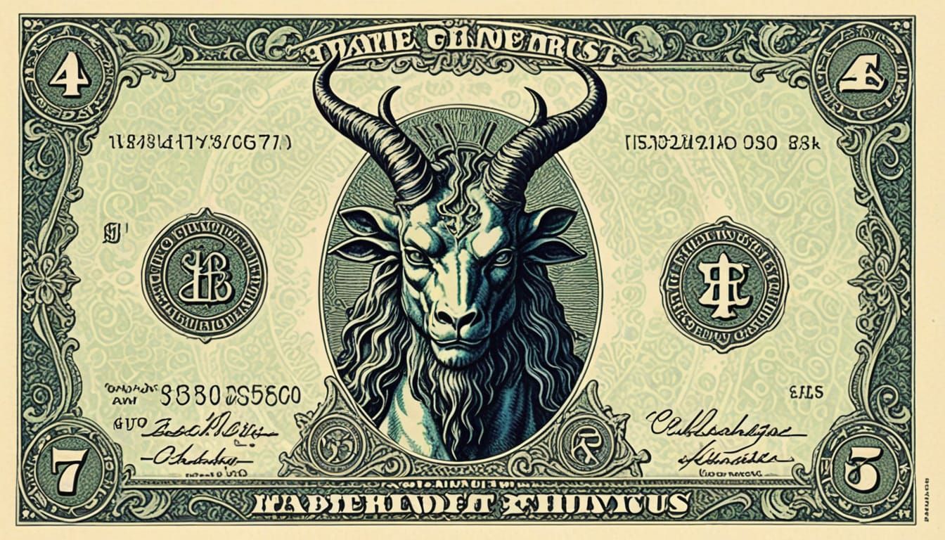 Baphomet Scheckles: Cabala Money Lithograph in Blue and Gree...