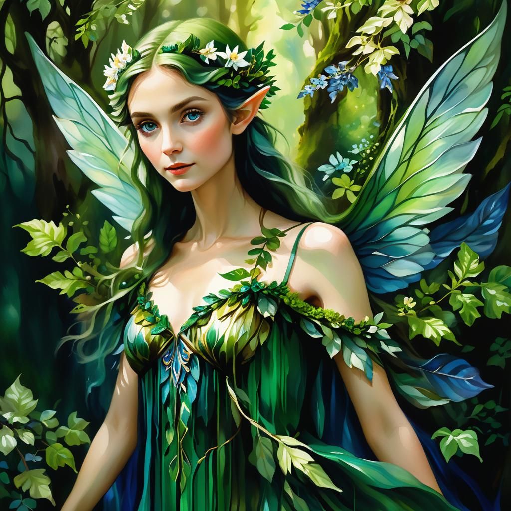 Beautiful woman elf in dress made of leaves in the forest.