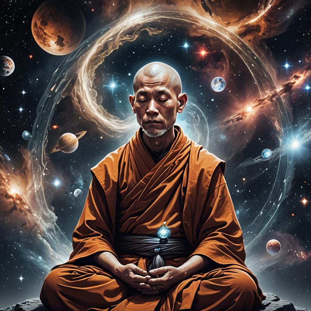 magical monk meditating in space