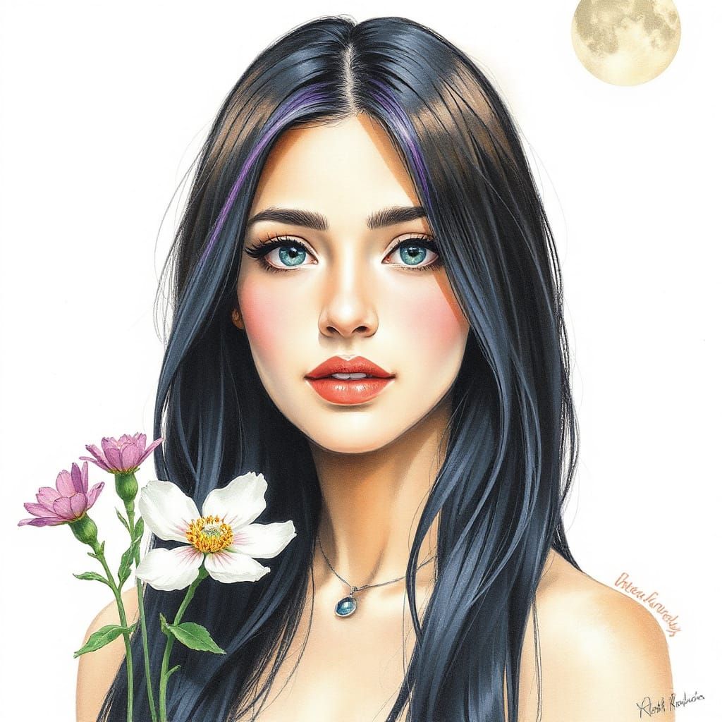 Ethereal Portrait of Woman in Moonlight with Spring Flowers