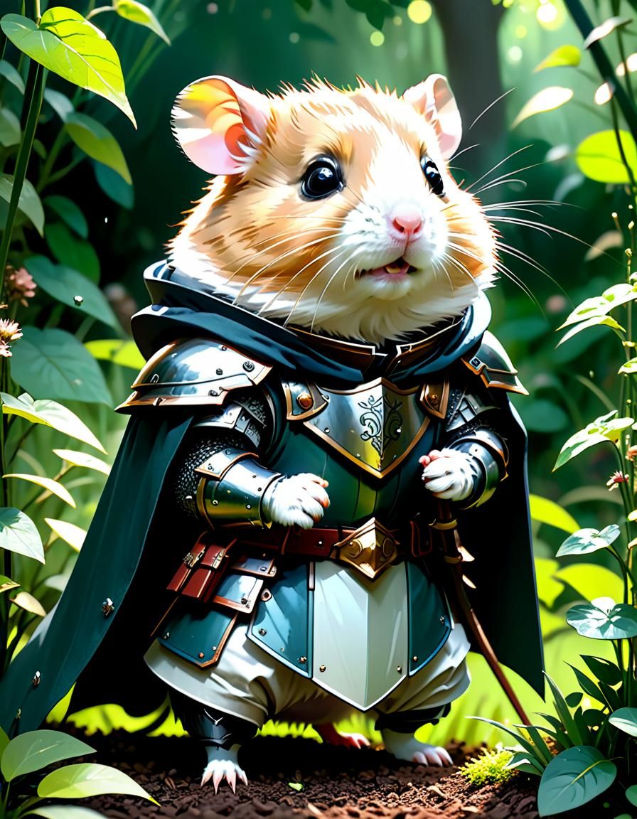 Adorable Hamster Knight in a Garden: Digital Painting