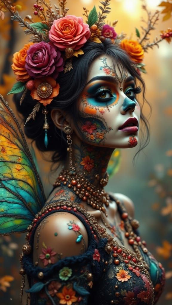 Dia de Muertos Faerie with Autumn Nebulae and Skullpunk Styl...