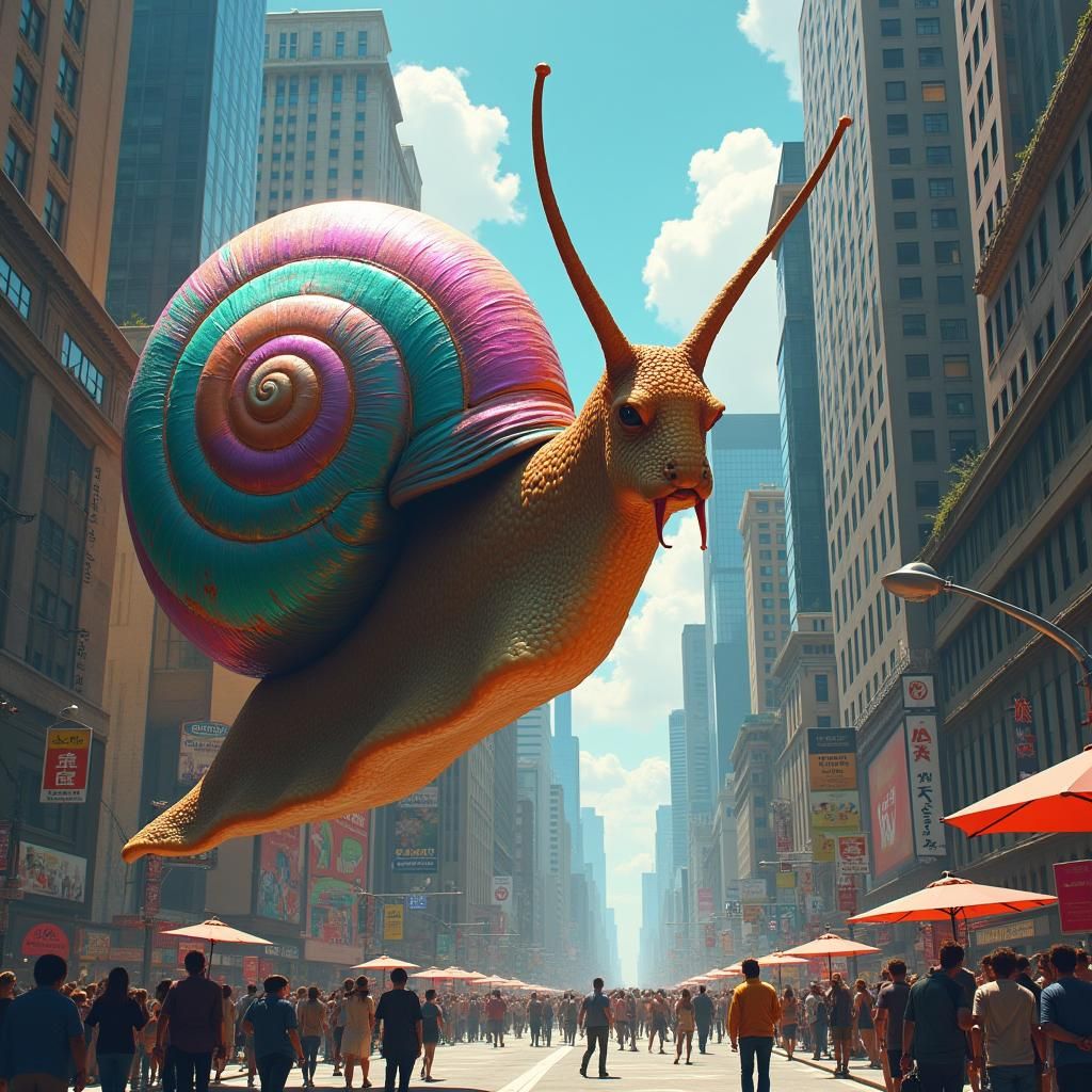 Giant Iridescent Snail Crawls Over City in Surrealist Style