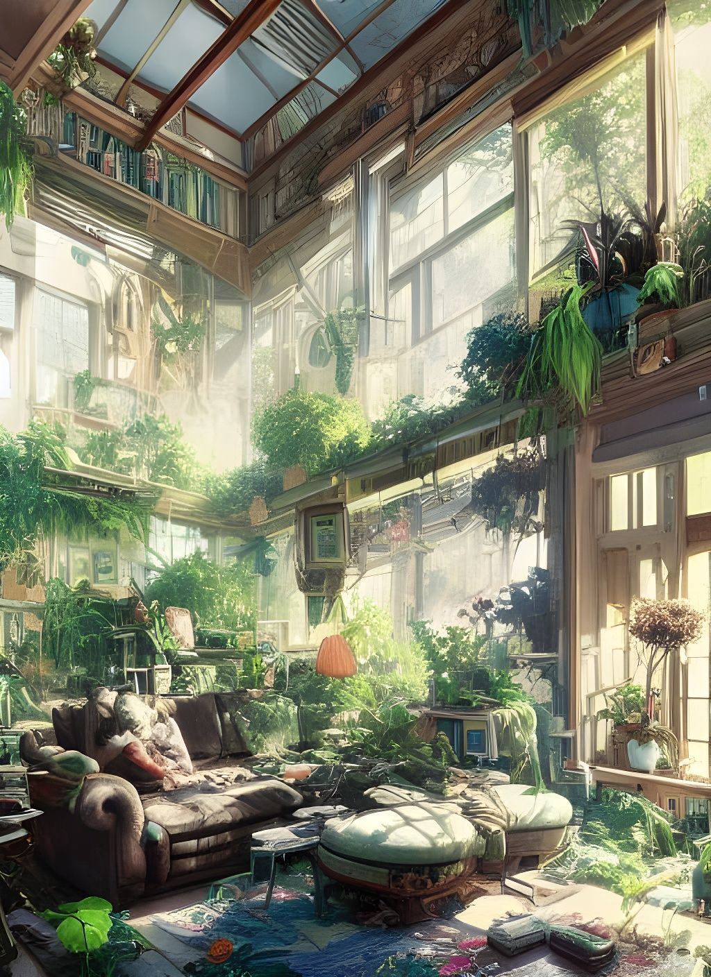 Sunlit Living Room with Plants in Anime Style