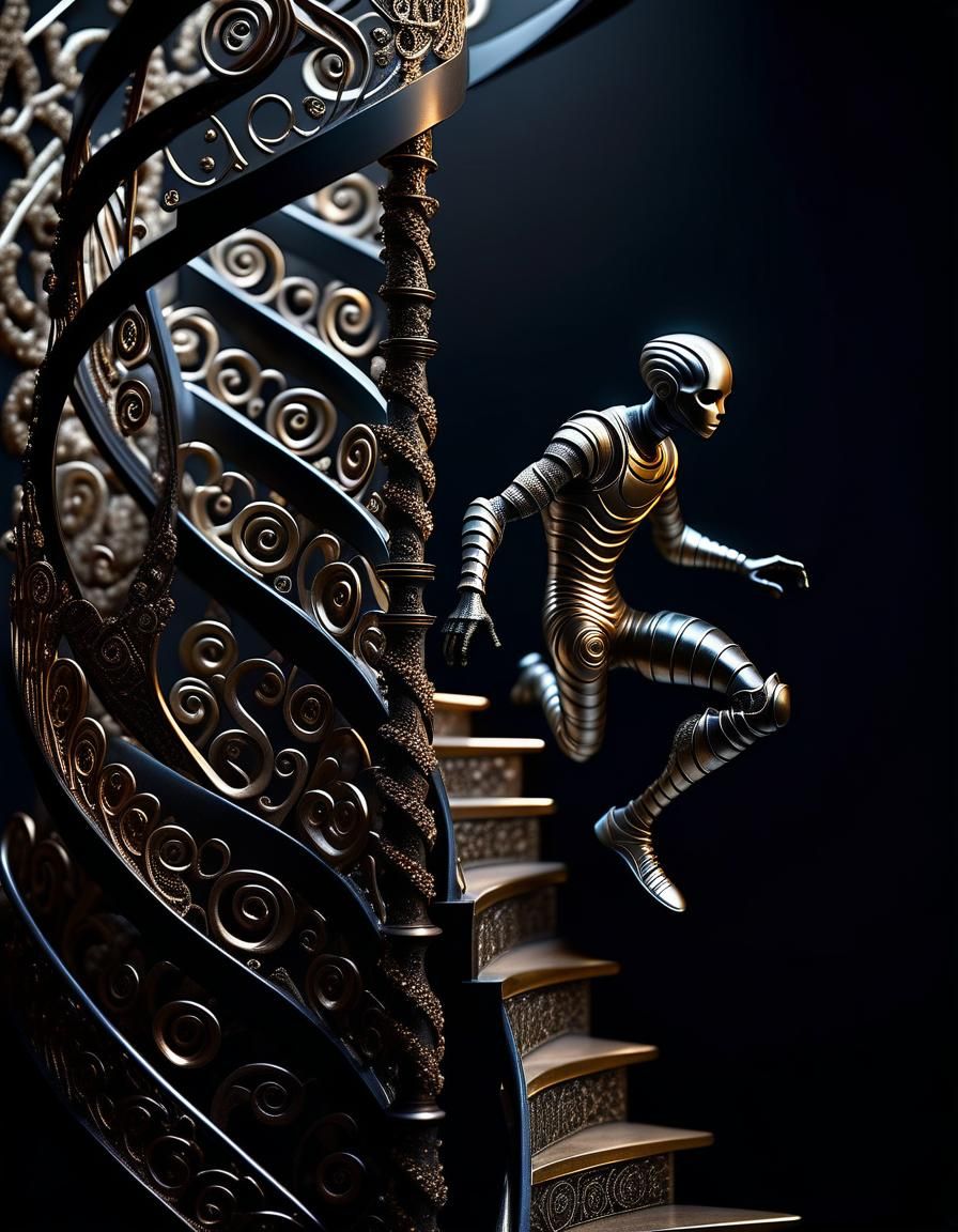 Humanoid Sculpture Climbing a Metallic Spiral Staircase