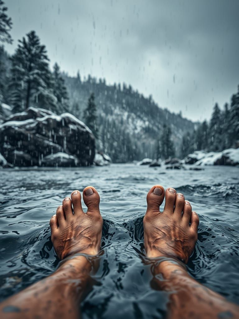 Feet in River During Snow and Rain Storm