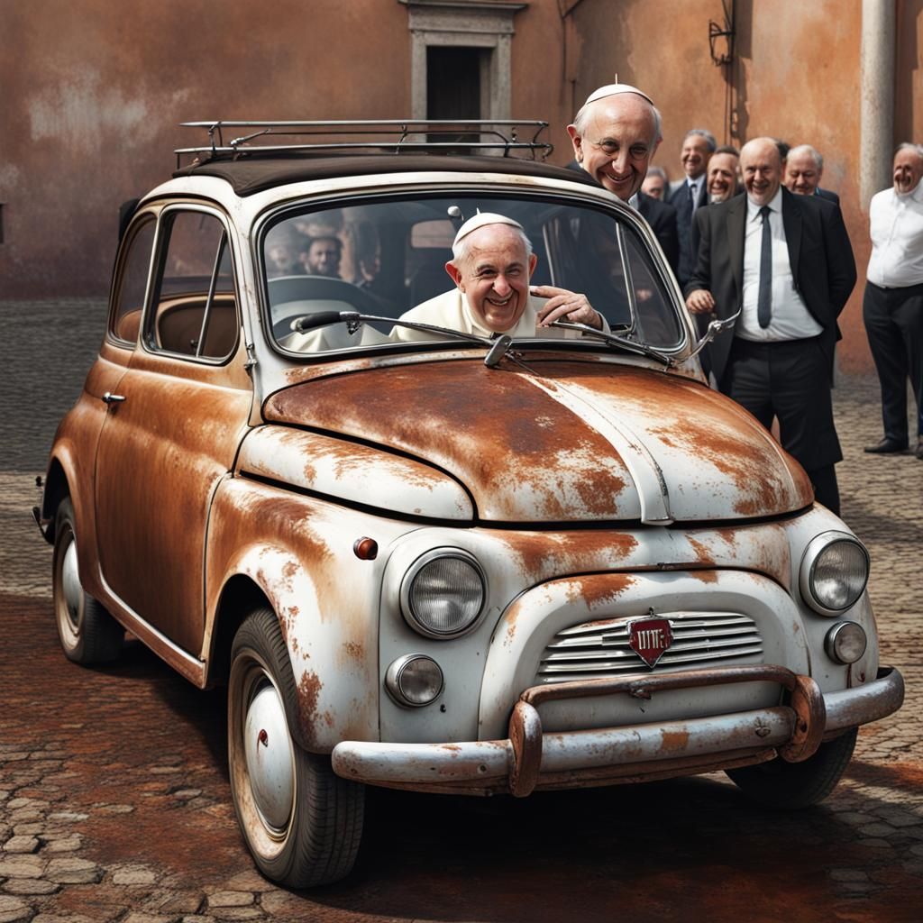 Pope Laughing in Rusted Fiat 500