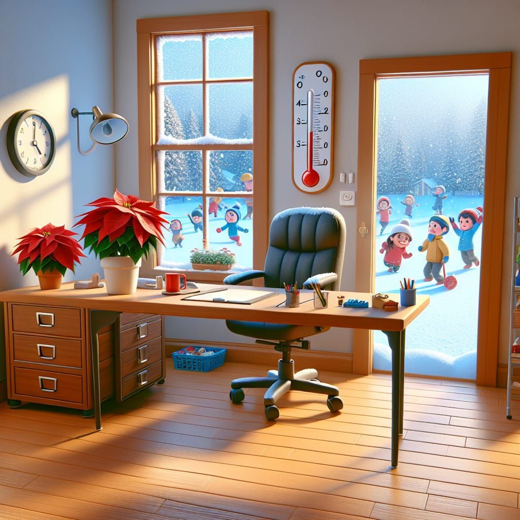 Cozy Office Scene with Shivering Poinsettia in Winter Wonder...