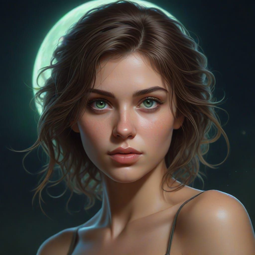 Young Woman in Moonlit Meadow Portrait