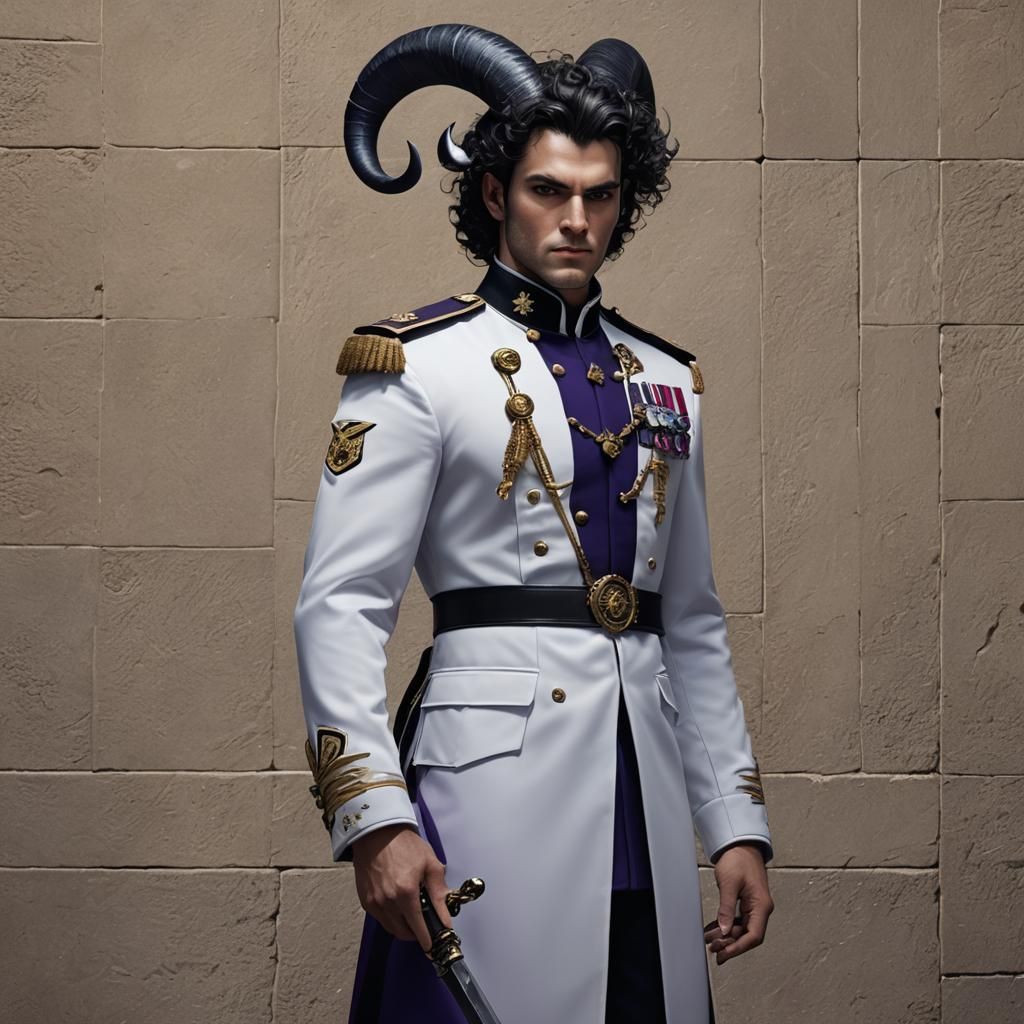 Handsome Horned Man in Navy Uniform: Fantasy Art