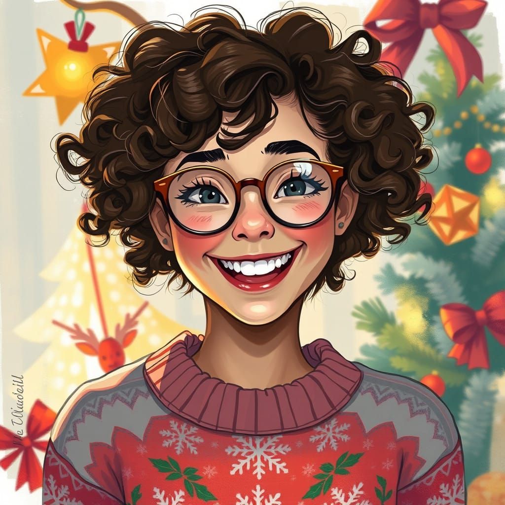 A Joyful Young Woman Surrounded by Whimsical Christmas Decor...